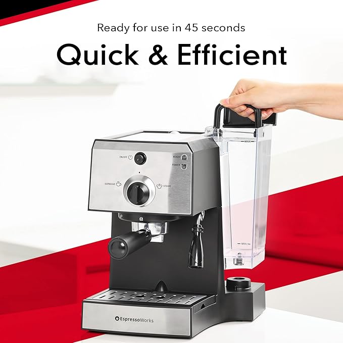 EspressoWorks All-In-One Espresso Machine with Milk Frother 7-Piece Set - Latte Maker Includes Grinder, Frothing Pitcher, Cups, Spoon and Tamper - Coffee Gifts (Stainless Steel)