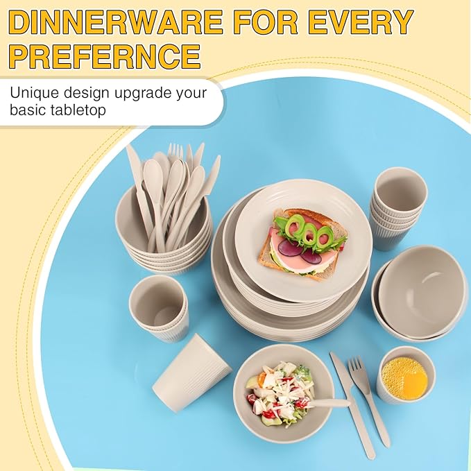 LAERJIN 56 Piece Wheat Straw Dinnerware Sets,Unbreakable Reusable Dinnerware Set,Dishwasher & Microwave Safe Plates and Bowls Sets, for Apartment Essentials, Outdoor Camping, Beige White