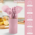 E-far Kitchen Utensils Set of 12, Silicone Cooking Utensils with Holder, Non-stick Cookware Friendly & Heat Resistant, Includes Spatula Tong Whisk Ladle Brush Slotted Turner Spoon(Pink)