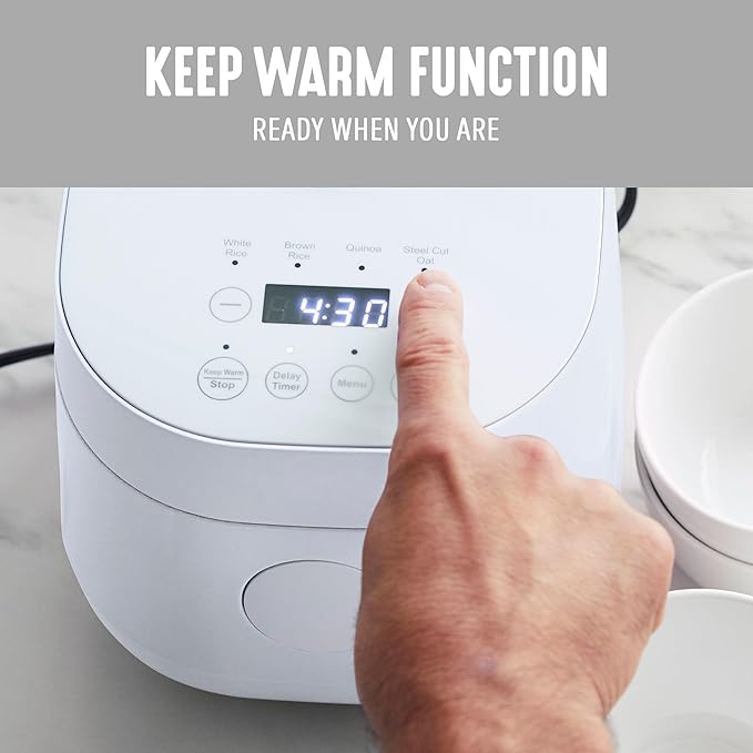 GreenLife Digital Rice Cooker, 2-Cups Uncooked/4-Cups Cooked, Removable Nonstick Ceramic PFAS-Free Pot, One-Touch Presets, Oats, Quinoa, Brown Rice, Auto Keep Warm, Fuzzy Logic Tech, 1.5 QT, White