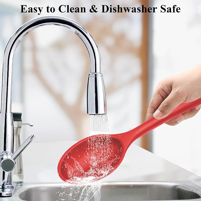 Silicone Spoons for Cooking, Heat Resistant Slotted Solid Silicone Kitchen Spoons Set, Red BPA Free Mixing Spoons Basting Spoon Stirring Spoon for Nonstick Cookware, 4 Pack