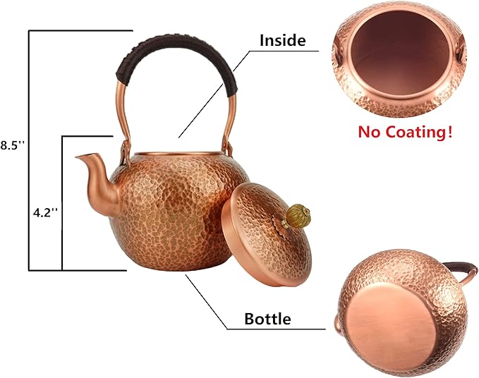 Funmaker Handmade Solid Copper Tea Pot Kettle Stovetop Teapot Thick Hammered Copper Tea Pot Kettle Stovetop Teapot Made for gasstove tops pure copper kettle (Type 5-1400ml)