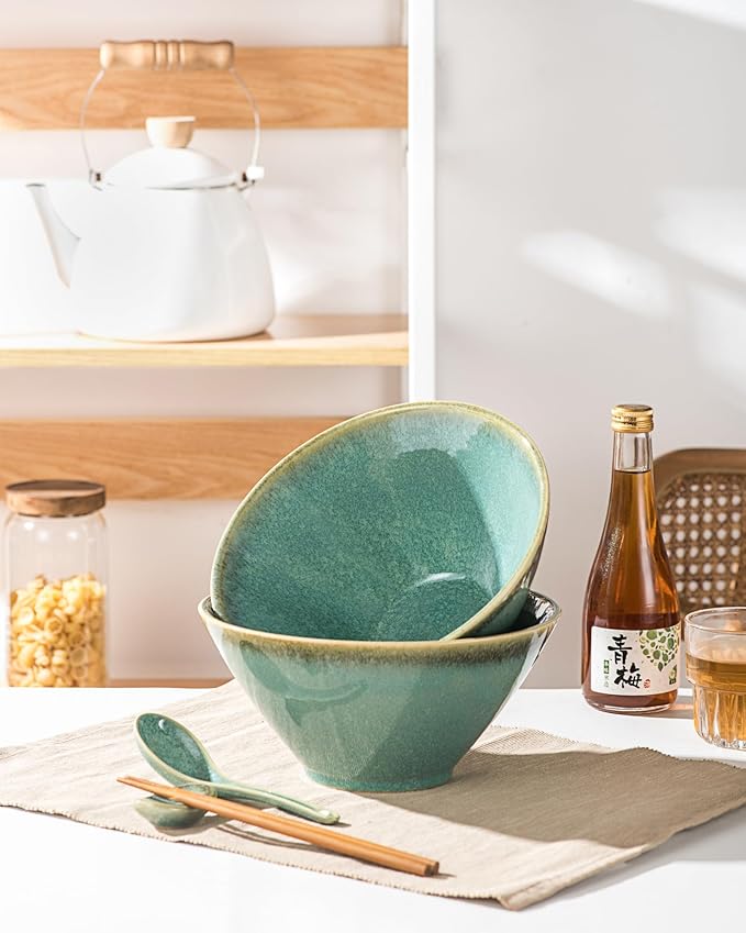 Large Salad Soup Ramen Serving Bowls, 71 OZ Ceramic Japanese Ramen Noodle Bowls with Chopsticks, Spoons and Rests - Super Big Bowl Sets for Udon, Pho, Pasta, Cereal, Set of 2 - Reactive Green