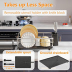 Stainless Steel Dish Drying Rack with Drainboard Dish Drainers for Kitchen Counter Extendable Spout Strainers with Utensil Holder and Knife Slots, Black