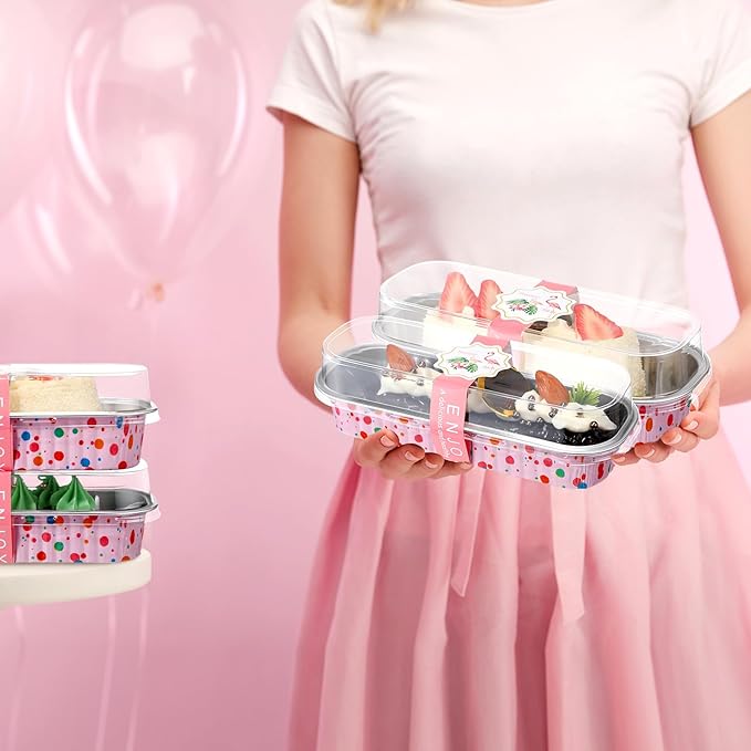 Tioncy 50 Pcs Mini Pink Loaf Pans with Lids Spoons Sticker Colorful Dots 6.8oz Disposable Rectangle Aluminum Foil Baking Pans Muffin Cupcake Cups for Picnics Wedding Birthday Baby Shower