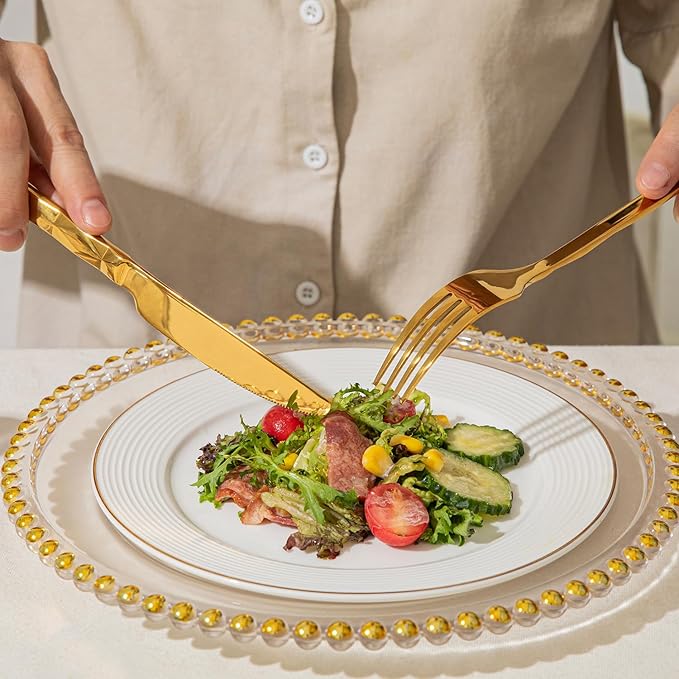 KINGSTONE Gold Silverware Set, Luxury 40 Piece Flatware Set for 8, 18/10 Stainless Steel Cutlery Set with Diamond Cut Pattern for Kitchen, Home, Wedding, Party, Mirror Polished and Dishwasher Safe