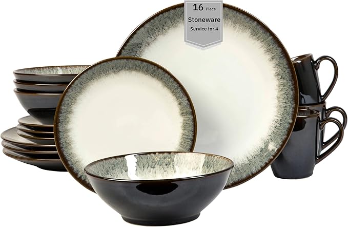 Sango Novelle 16-Piece Casual Moss Porcelain Dinnerware Set – Service for 4, Plates, Bowls & Mugs, Brown & Green Reactive Glaze, Microwave & Dishwasher Safe, for Everyday Dining & Entertainment