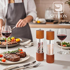 Wooden Salt and Pepper Grinder Set, 8 Inch Manual Salt and Pepper Mills, Premium Acrylic Salt and Pepper Shakers with Adjustable Ceramic Core, Refillable Shakers for Kitchen(2 Pack)