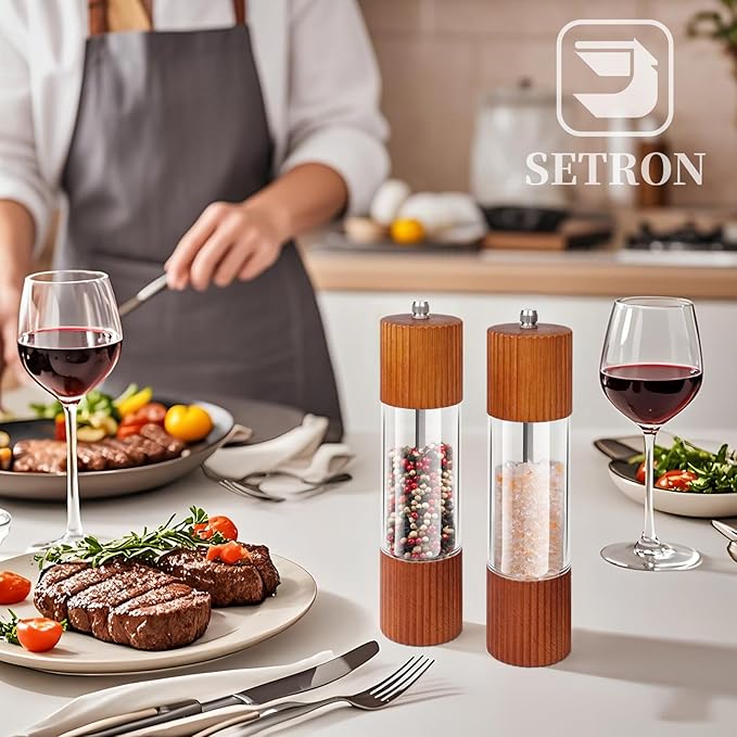 Wooden Salt and Pepper Grinder Set, 8 Inch Manual Salt and Pepper Mills, Premium Acrylic Salt and Pepper Shakers with Adjustable Ceramic Core, Refillable Shakers for Kitchen(2 Pack)