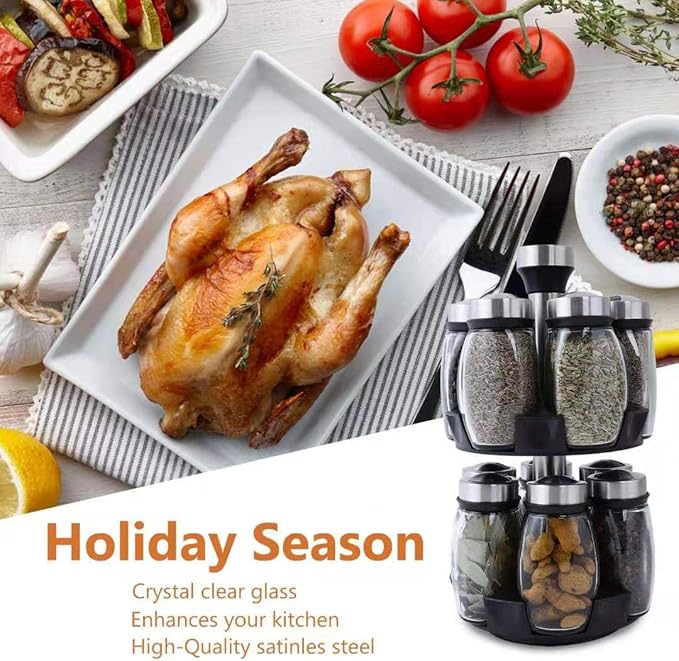 Revolving Spice Rack Organizer Storage for kitchen, Spice Stand Holder, Spinning Countertop Herb and Spice Rack Organizer with 12 Glass Jar Bottles Set