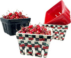 Ceramic Berry Basket -Checkered black and White with red Cherries pattern-Colander -Modern Kitchen Decor Fruit Bowls - Checkerboard Fruit Baskets, Farmer's Market Harvest Bowls Set of 4
