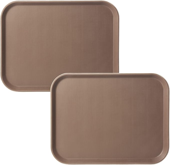 CURTA 2-Pack Restaurant Grade Non-Slip Tray, NSF, 16 Inch x 12 Inch, Plastic Rubber Lined Anti-Skid Rectangular Serving Tray, Brown
