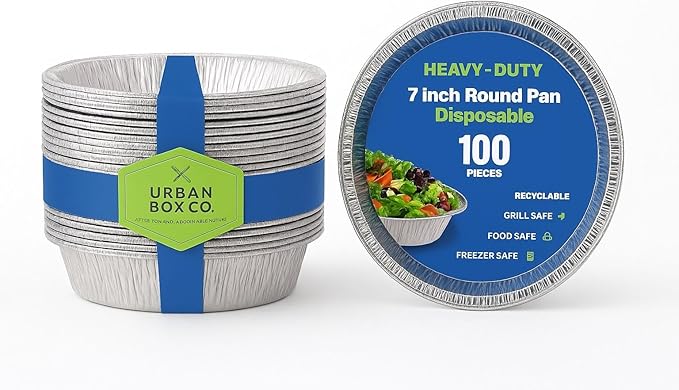 7” Round Aluminum Foil Pans - 100 Pack without Lid | Disposable Deep-Sided Baking Pans Ideal for food storage, Baking, Grilling, Cooking, Catering & Prepping. (100, No lid)