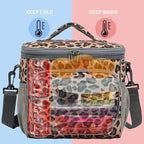 FlowFly Insulated Reusable Lunch Bag Adult Large Lunch Box for Women and Men with Adjustable Shoulder Strap,Front Zipper Pocket and Dual Large Mesh Side Pockets,Leopard