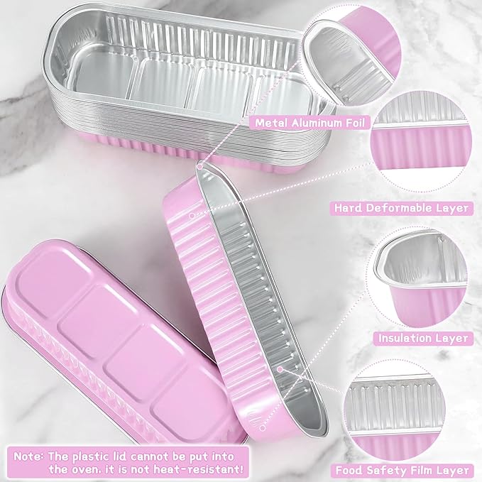 100 Pack Mini Loaf Pans Mini Cake Pans with Lids and Spoons Sealing Sticker, 6.8oz Rectangle Aluminum Foil Baking Pans Disposable Loaf Cake Pan for Baking (Pink)