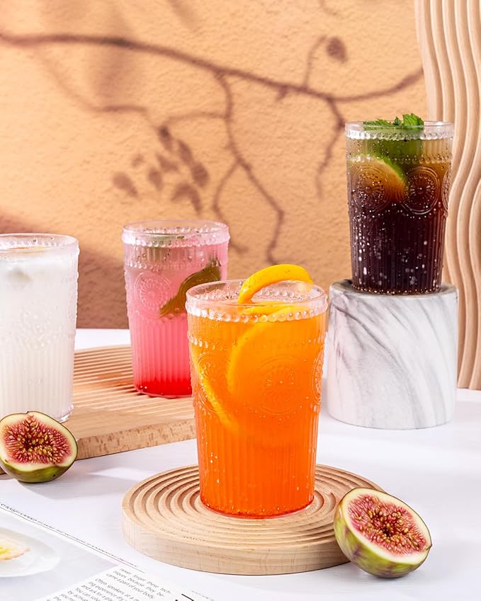 Ciaell 12 Pack Romantic Plastic Water Glasses - 14 Oz Clear Vintage Drinking Glasses, Embossed Ribbed Plastic Cups, Textured Striped Drinkware Set for Juice, Beverages, Beer, Cocktail