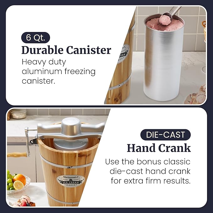 Elite Gourmet Old Fashioned 6 Quart Vintage Appalachian Wood Bucket Electric Ice Cream Maker Machine, *Bonus Classic Die-Cast Hand Crank for Churning, Uses Ice and Rock Salt Churns Ice Cream in Minute