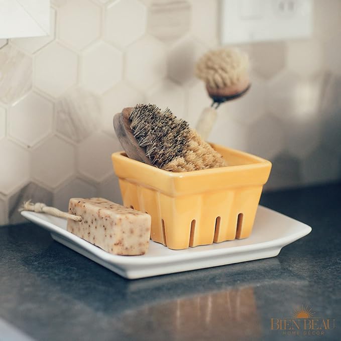 Ceramic Berry Basket, Farmhouse Colander, Farmers Market square Bowl. Rustic Kitchen decor fruit bowls, Fruit Baskets, Yellow, White and floral pattern Stoneware Harvest Bowls Set of 4