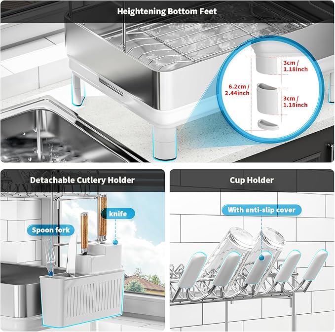 Dish Drying Rack, 2 Tier Large Dish Rack, Stainless Steel Dish Drainer for Kitchen Counter, Dishes Rack with Automatic Drainage, Utensil Holder,Cups Holder,Space Saving Kitchen Organizer,White