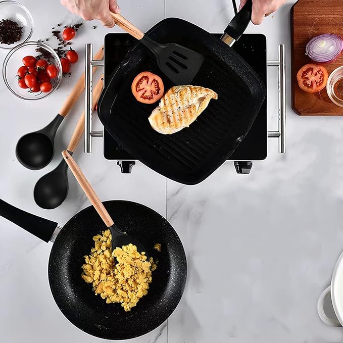 Non-Stick Silicone Cooking Utensils Set, 5 Pcs with Wooden Handle, Heat Resistant Silicone Kitchen Gadgets (Black)