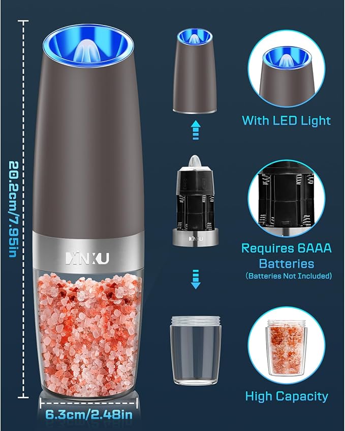 XinXu Gravity Electric Salt and Pepper Grinder Set, Automatic Mill Grinder Shaker,Battery-Operated, Adjustable Coarseness, Stainless Stee, LED Light, One Hand Operated,Brown