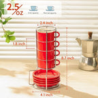 Sweese 2.5 Ounce Porcelain Stackable Espresso Cups with Saucers and Metal Stand Set of 4, Red