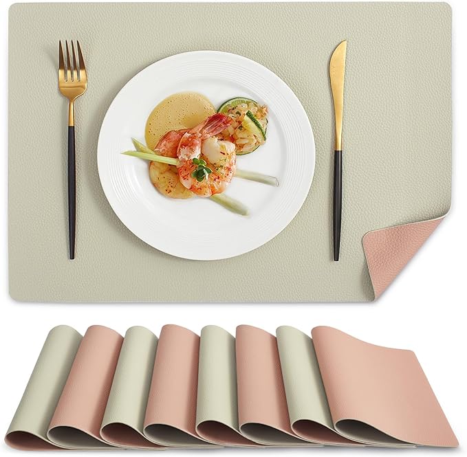 MOSAYT Vinyl Placemats Set of 8, Heat Resistant Place Mats 100% Waterproof Washable & Wipeable Faux Leather Reversible Table Mats for Kitchen Dining Party Indoor Outdoor, 12" x 17", Beige/Pink