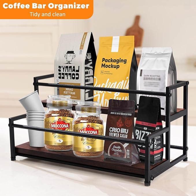 Coffee Syrup Rack Organizer - 2-Tier 10 Syrup Bottles Holder for Coffee Bar, Liquor Bottle Display Shelf - Rustic Kitchen Cabinet for Spices, Jars - Stepped Pantry Shelf for Syrup, Wine, Tea & Coffee