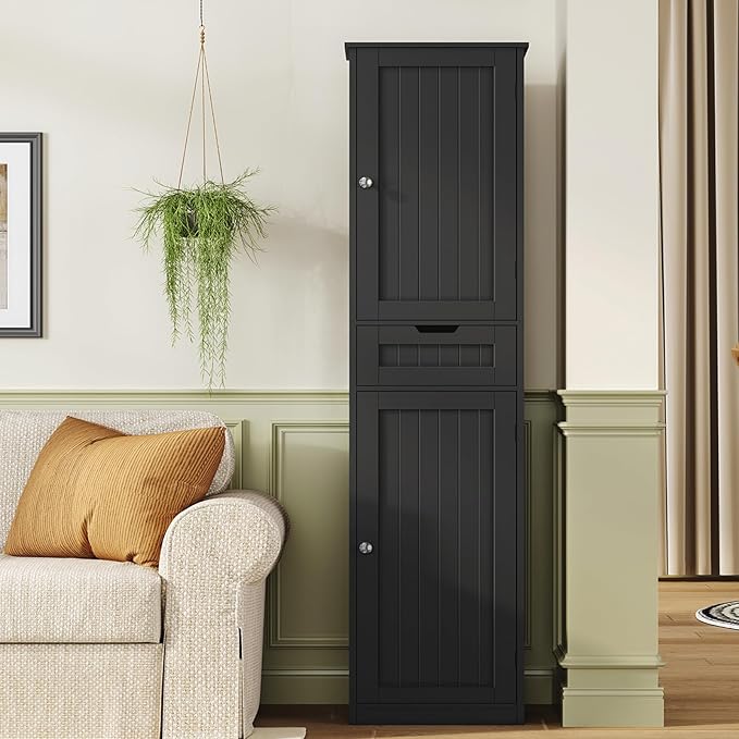 67" H Tall Storage Cabinet with 2 Doors and 1 Drawer, Narrow Black Cabinet with Adjustable Shelves, for Bathroom, Living Room, Entryway, Kitchen, Black