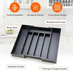 Expandable Bamboo Kitchen Drawer Organizer Utensil Tray Black Wood Silverware Organizer Adjustable Wooden Cutlery Tray for Fork Spoon Organizer Large Cooking Utensil Holder Drawer Flatware Organizer