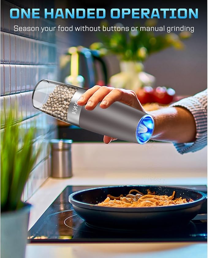 XinXu Gravity Electric Salt and Pepper Grinder Set, Automatic Mill Grinder Shaker,Battery-Operated, Adjustable Coarseness, Stainless Stee, LED Light, One Hand Operated,Brown