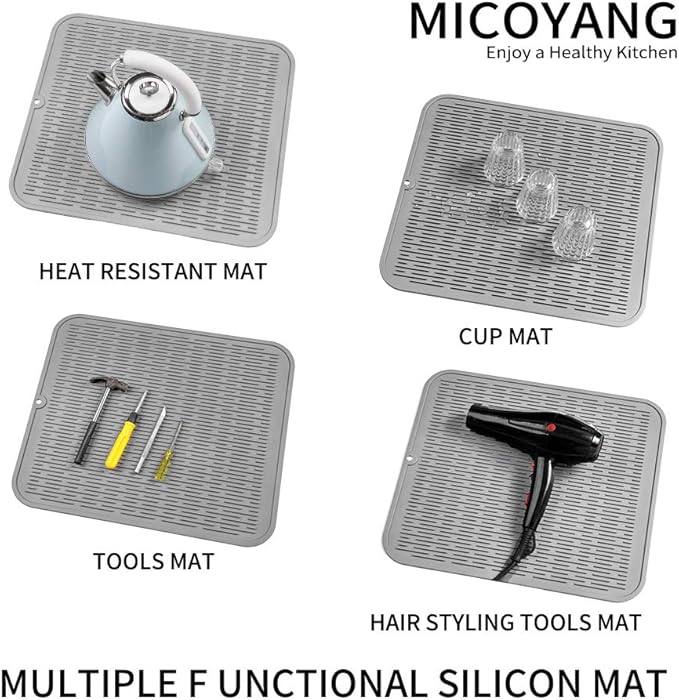 Silicone Dish Drying Mat for Multiple Usage,Easy clean,Eco-friendly,Heat-resistant Silicone Mat for Kitchen Counter or Sink,Refrigerator or Drawer Liner Grey 2XL 24 inches x 18 inches