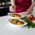 Heartland Home Porcelain Mini Casserole Dish Oval Au Gratin Dish (2pc Set). Cauliflower Au Gratin Baking Dish, Banana Split Bowls, Single Serving Casserole Dishes, Small Individual Gratin Dishes Set