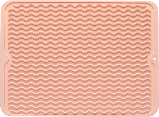 Silicone Dish Drying Mat for Multiple Usage,Easy clean,Eco-friendly,Heat-resistant Silicone Mat for Kitchen Counter or Sink,Refrigerator or drawer liner Pink L 16 inches x 12 inches