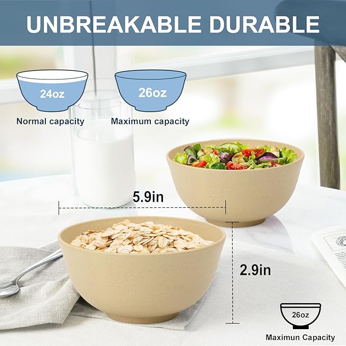 Wheat Straw Bowl, 26 OZ Cereal Bowls Set of 6, Unbreakable Plastic Bowls Reusable, Dishwasher and Microwave Safe Bowls for Kitchen, Camping, Serving Bowl for Soup, Cereal, Salad (Beige)