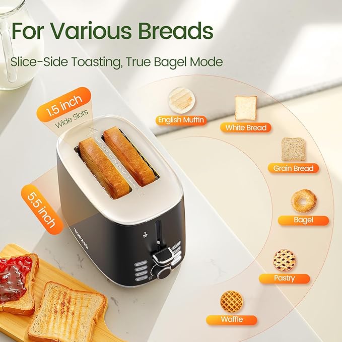 Toaster 2 Slice, Wide Slot for Toasting Bagel Muffin Waffle Gluten Free Breads, 7 Shade Settings, Defrost & Reheat, Stainless Steel, Easy Clean, Black