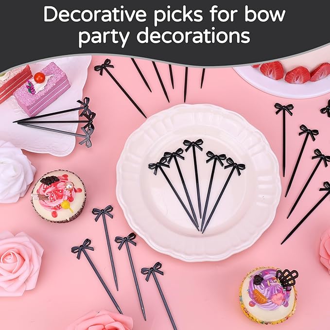 100Pcs Bow Cocktail Picks Party Toothpicks Christmas Black Plastic Fruit Skewers Bow Drink Stirrers Cupcake Toppers Fancy Toothpick for Appetizers Drinks Wedding Coquette Birthday Bow Party Decor