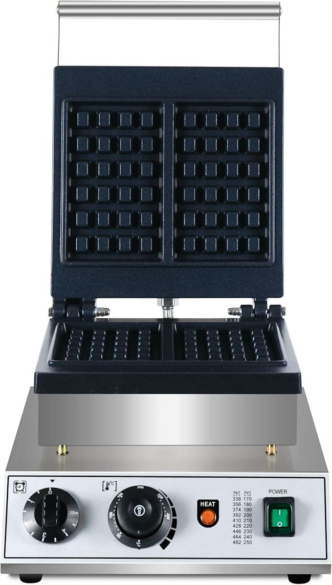 Commercial Waffle Maker, 1600W rectangle Waffle Iron, Non-Stick Belgian Waffle Baker Machine With Temp Range and Time Control, Teflon-Coated Baking Pan Stainless Steel Body