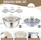 P&P CHEF 4-In-1 Stainless Steel Colander with Bowl Set, Rotatable Strainers for Kitchen, Fruit Cleaner, Washing Fruit & Draining Pasta, Mixing Bowl and Lid with Grater for Salad, Khaki