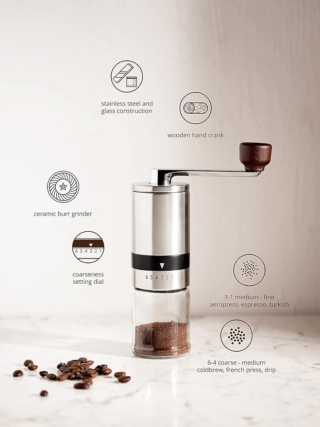 Manual Coffee Bean Grinder | 6 Coarseness Settings | Espresso, Cold Brew, French Press, Drip, | Burr Hand Mill | Home, Portable, Camping, Travel