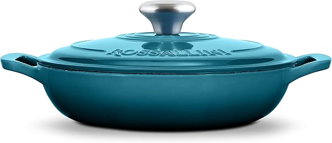 Signature Enameled Cast Iron Braiser, Non-Stick Serving Pot with Tight Fitting Lid for Perfect Roasting, Baking, Sauteing, Searing, and Pan Frying | 2.25Q (2.1L) - Ocean Blue