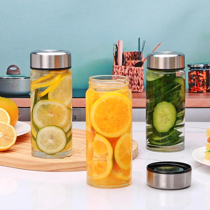 4 Pack Juice Bottles with Lids,12oz Wide Mouth Glass Bottles with Stainless Steel Cap,Reusable Glass Water Bottle for Juicing, Smoothies, Infused Water,Beverage Storage,BPA Free,Leakproof