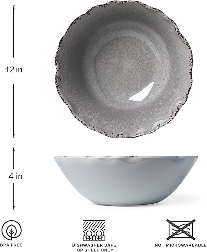 LEHAHA Farmhouse Melamine Serving Bowls,Set of 2, 130 OZ Break Resistant Large Deep Salad Bowls, BPA Free Large Bowl for Serving Salad, Fruit, Vegetables and Food Storage, 12" x 4", Gray