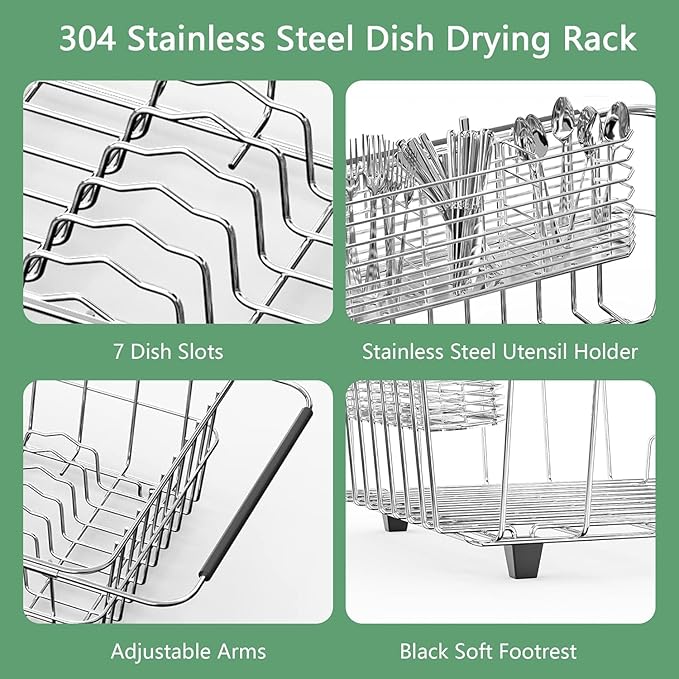 Large Sink Dish Drying Rack, Expandable 304 Stainless Steel Metal Dish Drainer Rack Organizer Shelves with Stainless Steel Utensil Holder Over Inside Sink, Rustproof
