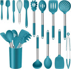 E-far 14 Pieces Silicone Cooking Utensils Set, Kitchen Utensils Set with Holder, Spatula, Ladle, Spoon, Tong, Slotted Turner for Nonstick Cookware, 446°F Heat Resistant & Stainless Steel Handle, Blue