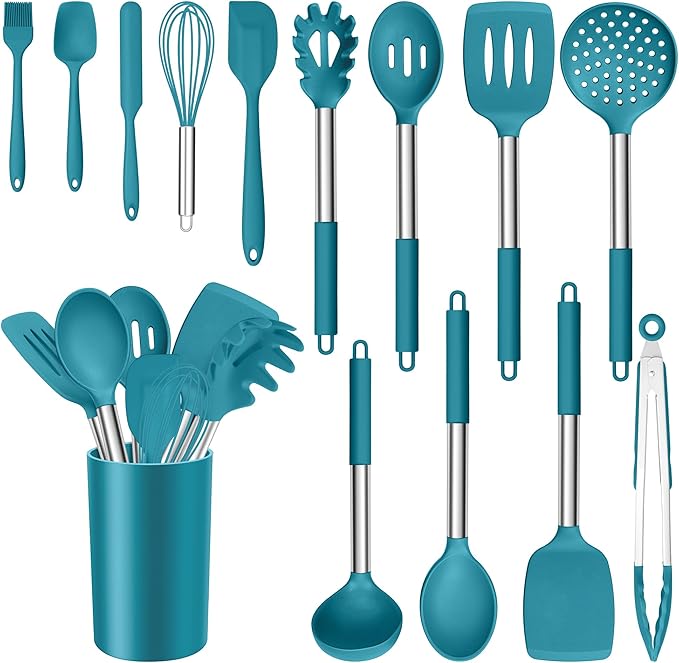 E-far 14 Pieces Silicone Cooking Utensils Set, Kitchen Utensils Set with Holder, Spatula, Ladle, Spoon, Tong, Slotted Turner for Nonstick Cookware, 446°F Heat Resistant & Stainless Steel Handle, Blue