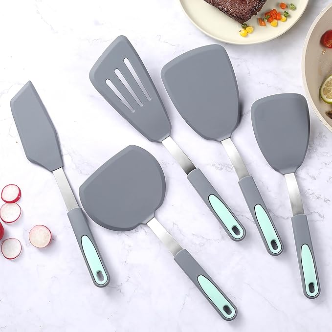 To encounter 5 Pieces Silicone Spatula Set, Non-Stick Silicone Turner Spatulas, Heat Resistance Cooking Utensils, Flip Turner for Fish, Egg, Pancake, Light Grey