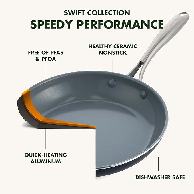 GreenPan Swift Healthy Ceramic Nonstick, 10" Frying Pan Skillet, Stainless Steel Handle, PFAS-Free, Dishwasher Safe, Oven Safe, Black