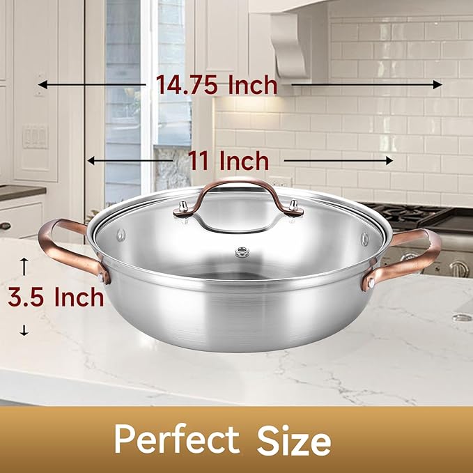 LOLYKITCH 11 Inch Tri-Ply Stainless Steel Sauté Pan with Lid,3.5 QT Everyday Pan,Kadhai,Induction Cooking Pan,Dishwasher and Oven Safe.