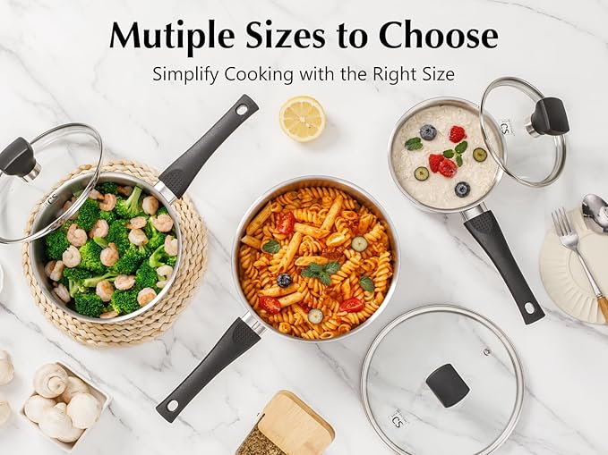 KOCH SYSTEME CS Stainless Steel Sauce Pan with Lid, 1QT & 2QT & 3QT Stainless Steel Saucepan Set with Bakelite Handles, Non Toxic Sauce Pot for Cooking, Induction Compatible & Dishwasher Safe, 6PCS